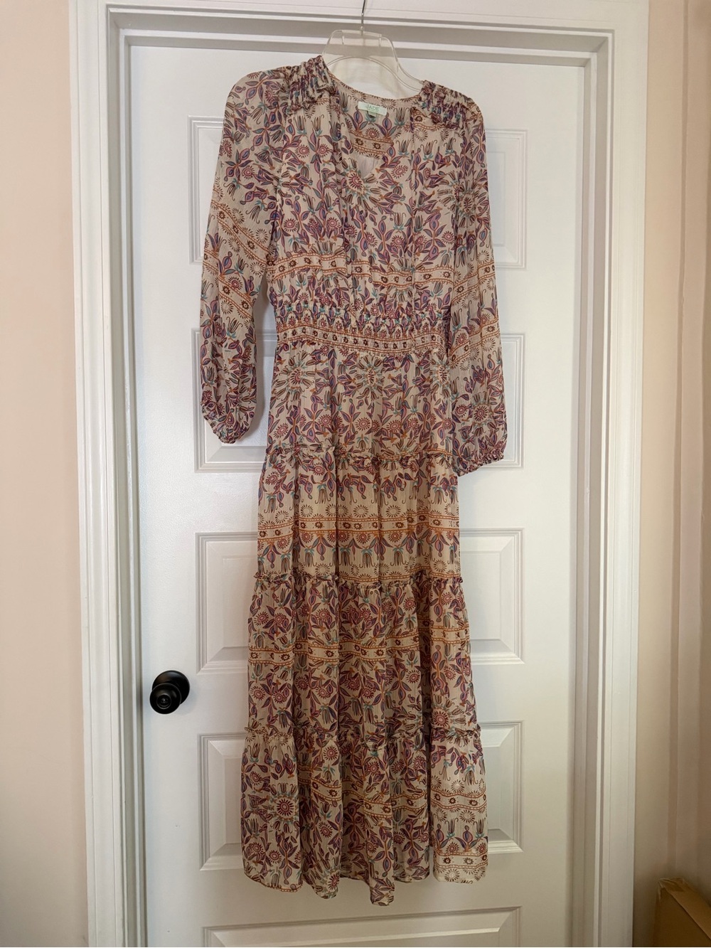 Jade Melody Tam Printed Boho Maxi Dress in Cream and Mauve